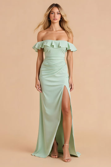 Off The Shoulder Sheath Light Green Bridesmaid Dress With Slit